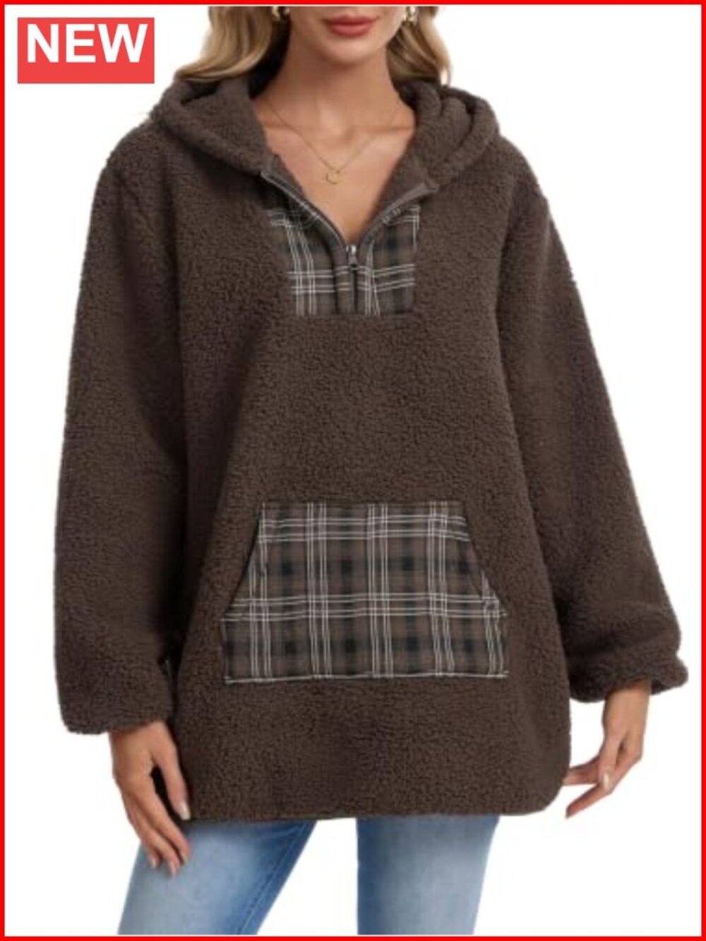 Sherpa Fleece Quarter Zip Pullover Hoodie Plaid Pocket Oversized